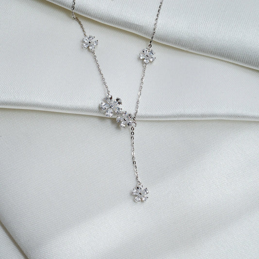 Silver Floral Crystal Drop Necklace