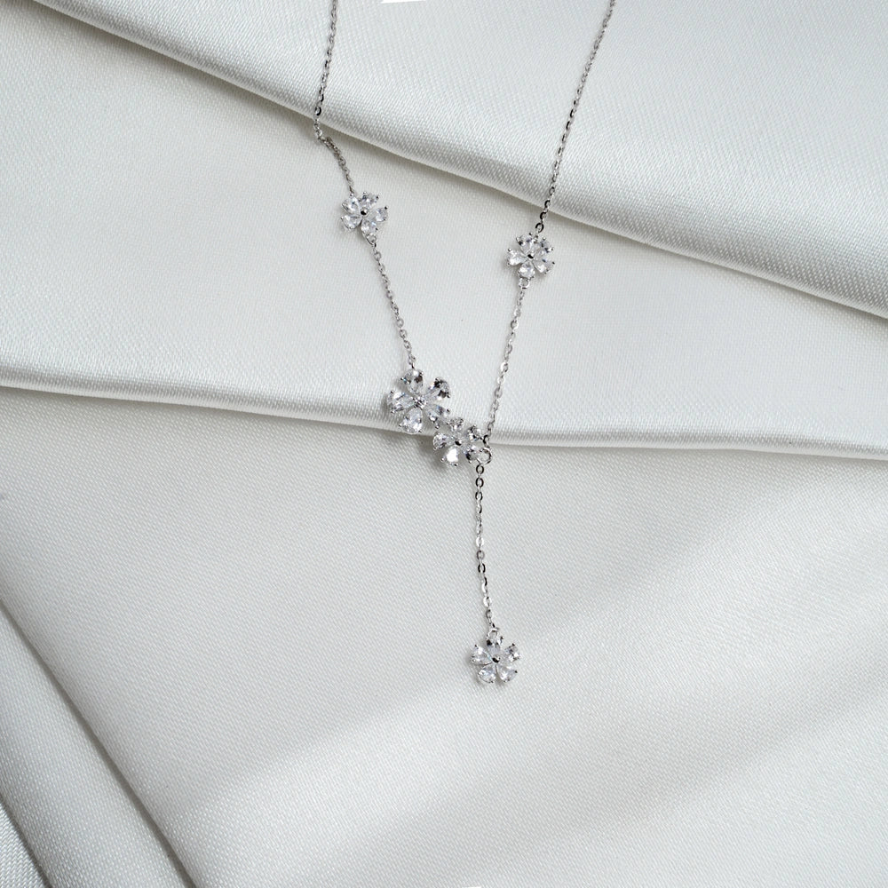 Silver Floral Crystal Drop Necklace