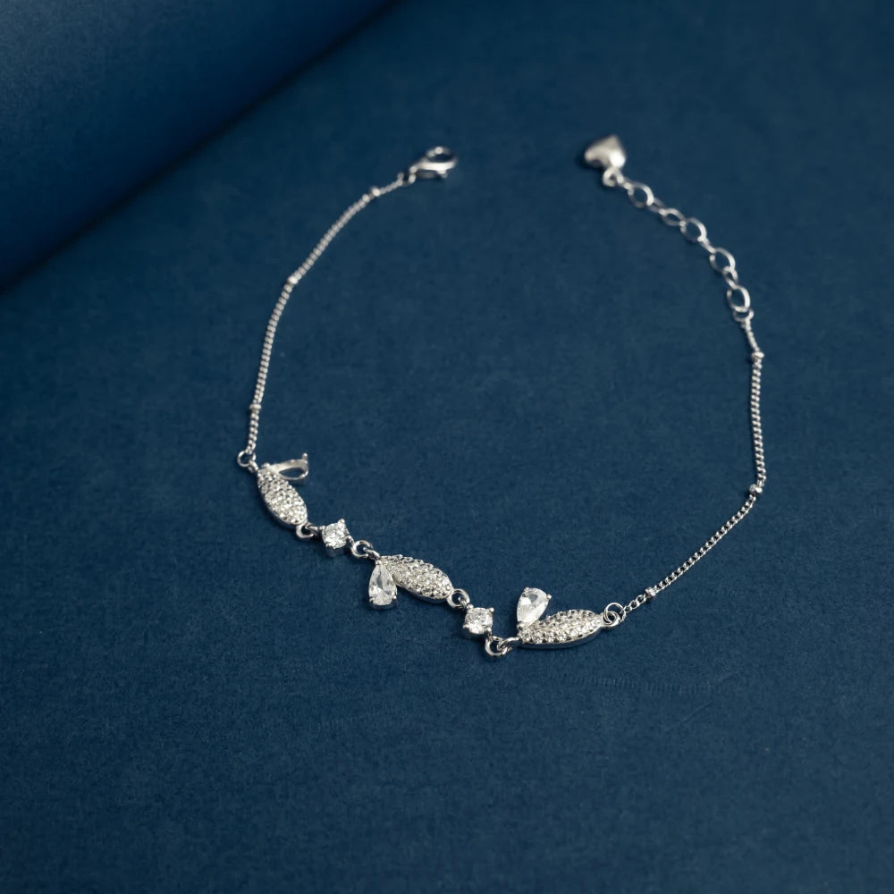Elegant Silver Leaf Crystal Bracelet
