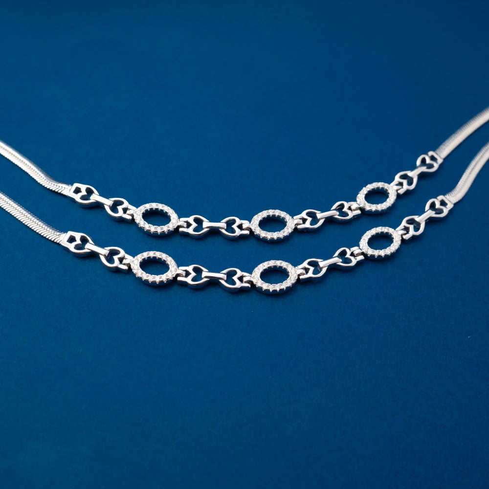Silver Oval Link Layered Anklets
