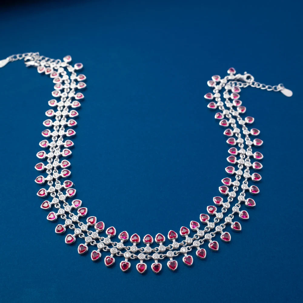 Silver Pink Crystal Tennis Anklet