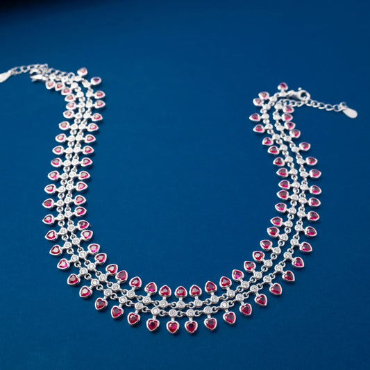 Silver Pink Crystal Tennis Anklet