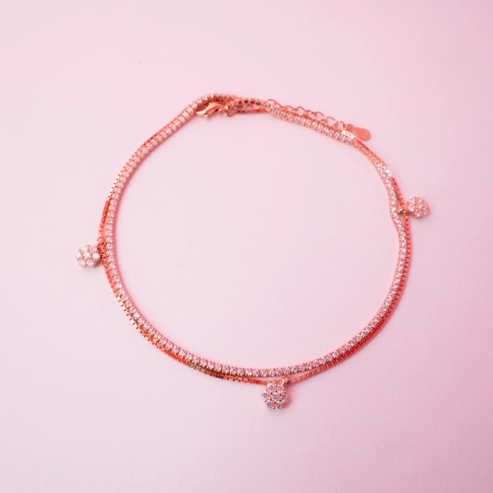 Rose Gold Crystal Flower Charm  Anklets