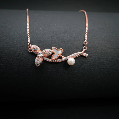 Floral Butterfly Crystal Necklace Rose Gold