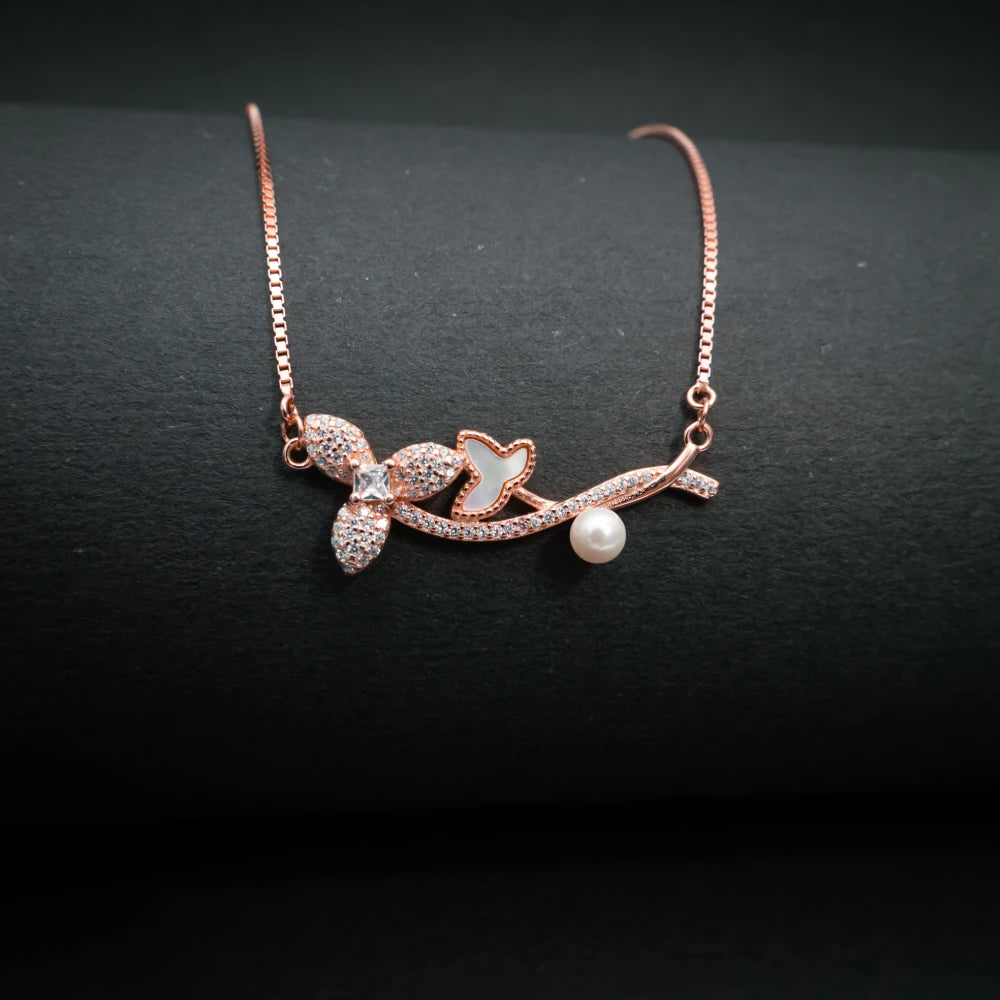 Floral Butterfly Crystal Necklace Rose Gold