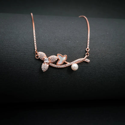Floral Butterfly Crystal Necklace Rose Gold