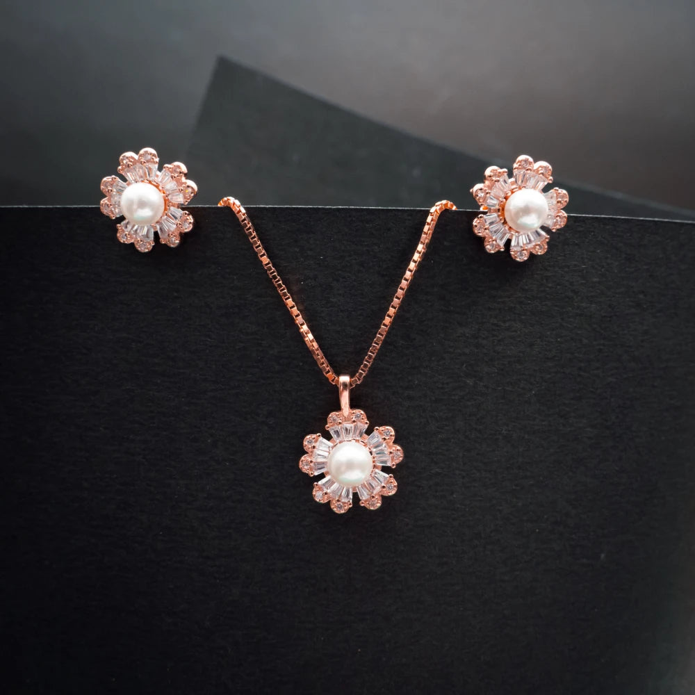 Rose Gold Pearl Flower Necklace & Earrings Set