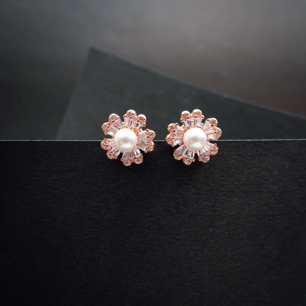 Rose Gold Pearl Flower Necklace & Earrings Set