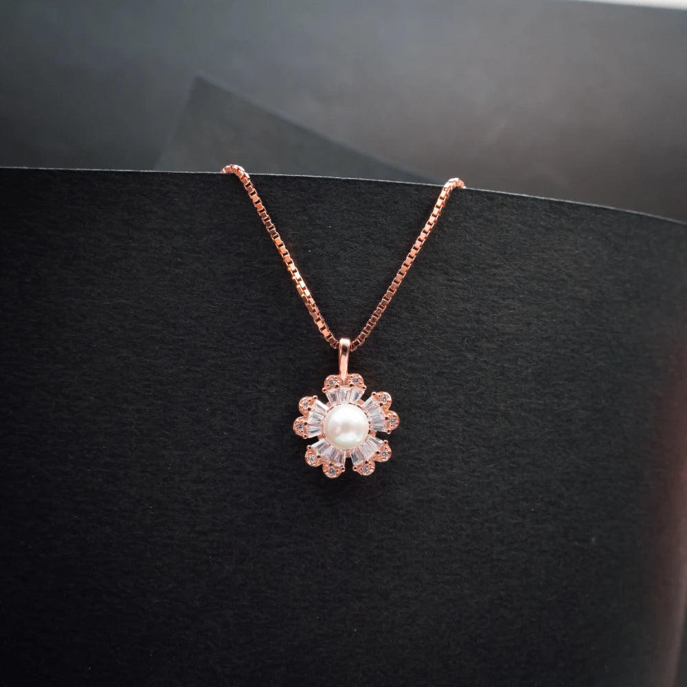 Rose Gold Pearl Flower Necklace & Earrings Set