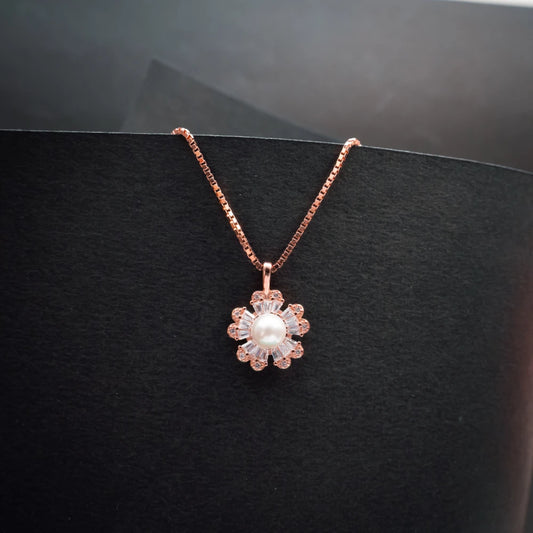 Rose Gold Pearl Flower Necklace & Earrings Set
