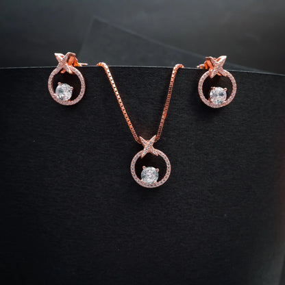 Rose Gold Halo Circle Crystal Necklace & Earrings Set