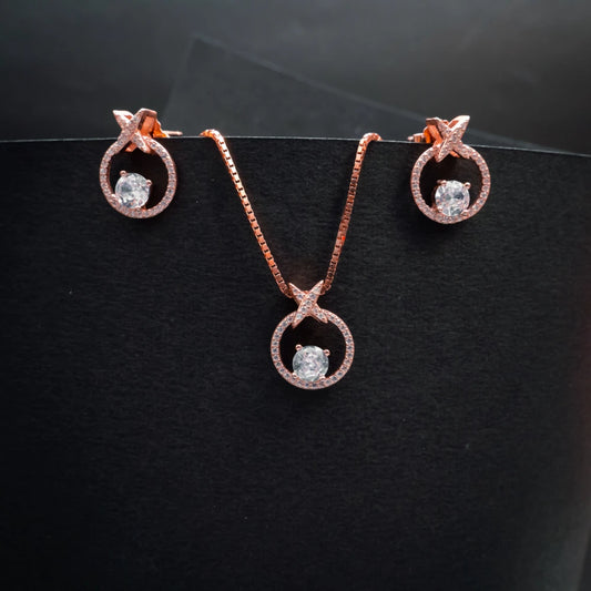 Rose Gold Halo Circle Crystal Necklace & Earrings Set