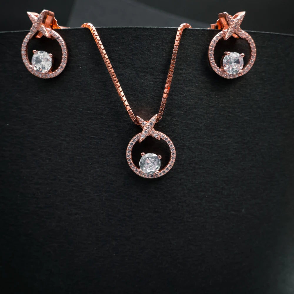 Rose Gold Halo Circle Crystal Necklace & Earrings Set