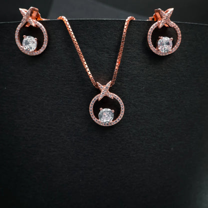 Rose Gold Halo Circle Crystal Necklace & Earrings Set