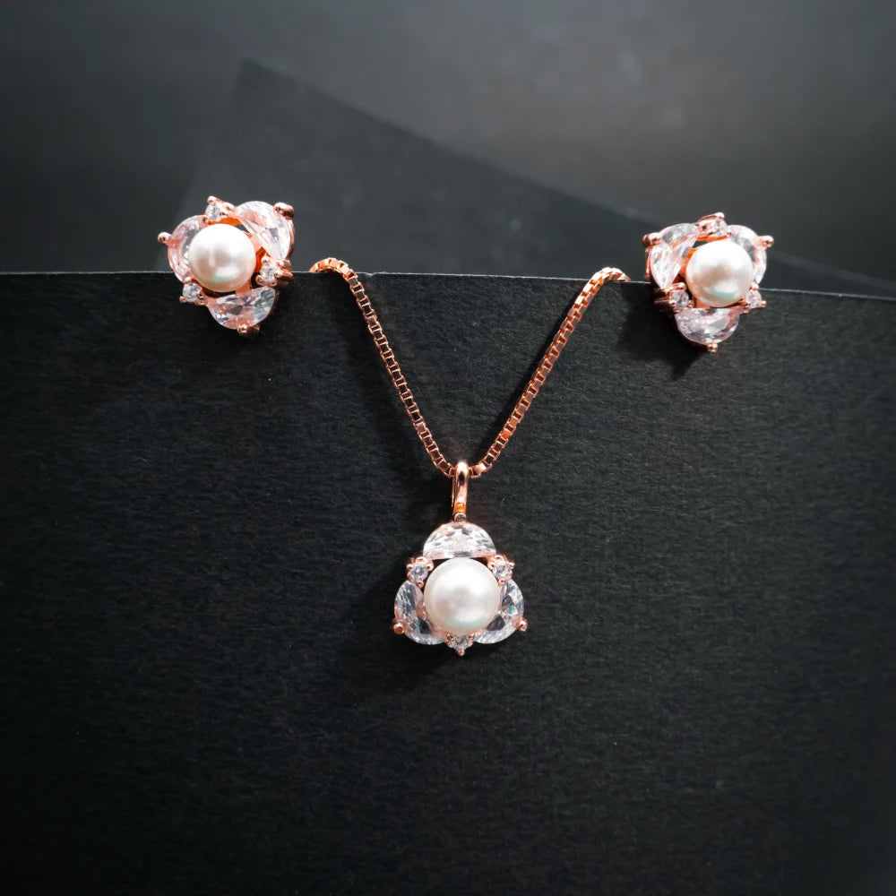 Elegant Pearl & Crystal Floral Pendant Set