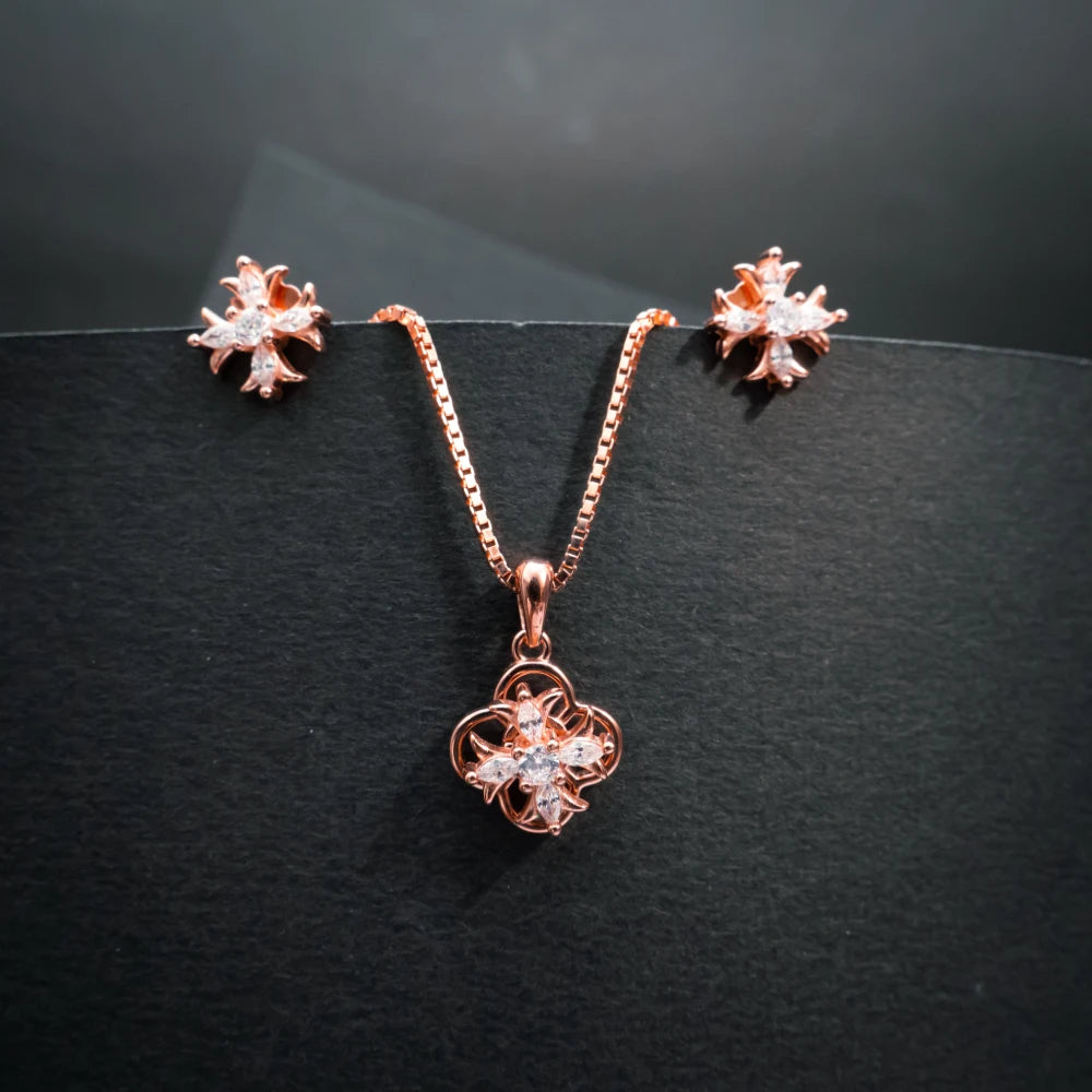 Rose Gold Crystal Floral Pendant Necklace Set