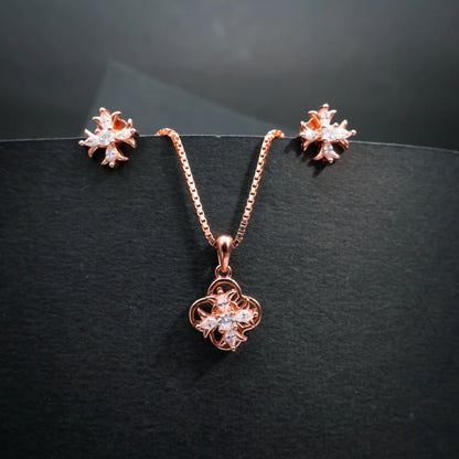 Rose Gold Crystal Floral Pendant Necklace Set