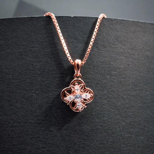 Rose Gold Crystal Floral Pendant Necklace Set
