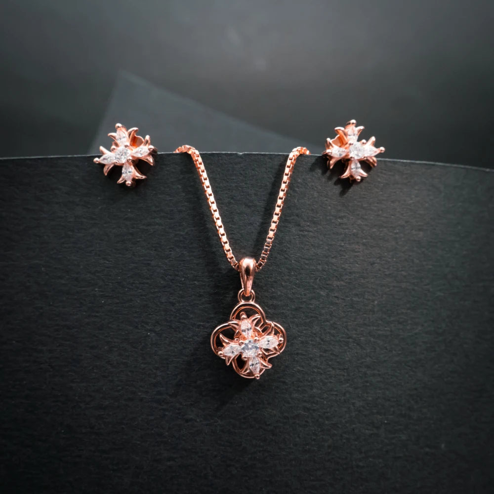Rose Gold Crystal Floral Pendant Necklace Set