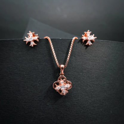 Rose Gold Crystal Floral Pendant Necklace Set