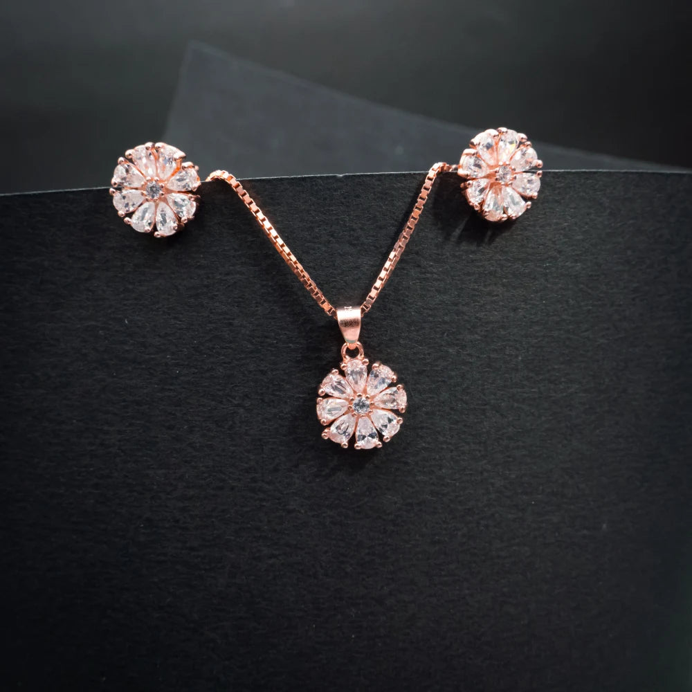 Rose Gold Floral Crystal Necklace & Stud Earrings Set