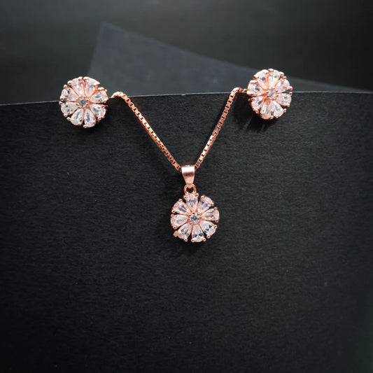 Rose Gold Floral Crystal Necklace & Stud Earrings Set